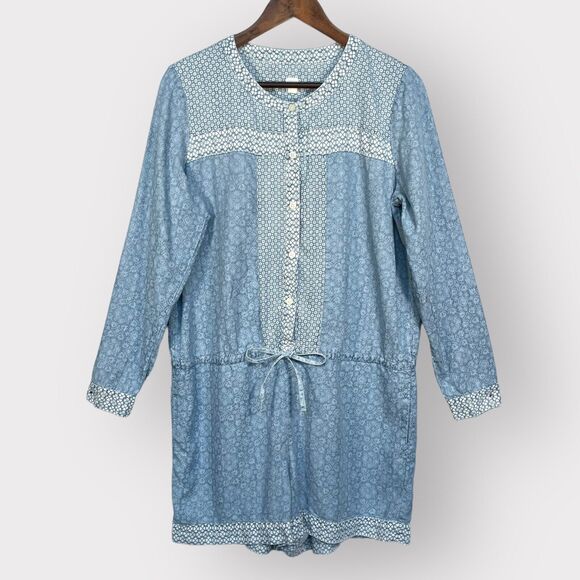 Gap Romper Women M Blue Floral Pockets Button-Front Long Sleeve Lyocell Soft P67 - Picture 1 of 14